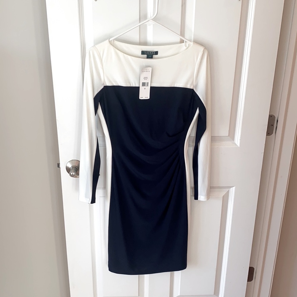 Ralph Lauren long sleeve dress. Blue and white. Midi